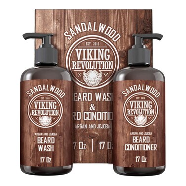 Viking Revolution Beard Wash  Beard Conditioner Set with Argan  Jojoba Oils  Softens and Strengthens  Natural Sandalwood Scent  Beard Shampoo with Beard Oil 17 oz