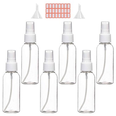 Spray Bottles 2oz50ml Clear Empty Fine Mist Plastic Mini Travel Bottle Set Small Refillable Liquid Containers with 2pcs Funnels and 24pcs Labels 6 Pack