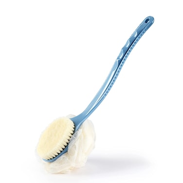 Shower Body Brush with Bristles and LoofahBack Scrubber Bath Mesh Sponge with Curved Long Handle for Skin Exfoliating Bath Massage Bristles Suitable for Wet or Dry Men and Women Blue