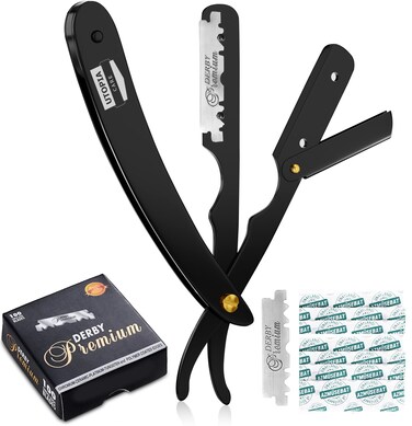 Utopia Care Professional Barber Straight Edge Razor Safety with 100Pack Derby Blades  100 Percent Stainless Steel Black