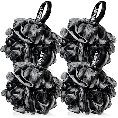 YOGETYoget Bath Loofah Sponge 4 Pack Black 60G Shower Mesh Ball Soft Pouf Body Scrubber Exfoliate Cleanse Soothe Skin Black Loofah with White Trim