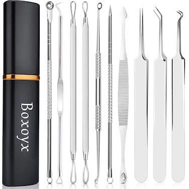 Pimple Popper Tool Kit  Boxoyx 10 Pcs Blackhead Remover Comedone Extractor Kit with Metal Case for Quick and Easy Removal of Pimples Blackheads Zit Removing ForeheadFacial and NoseSilver