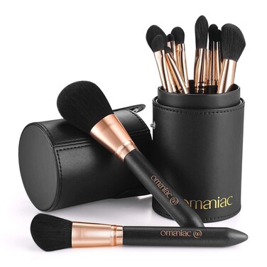 OMANIAC Makeup Brush Set Professional 12 Pearlescent Wood Handle Makeup Brushes Premium CrueltyFree Synthetic Fiber Hair Travel Make up Brushes Set with Case Black