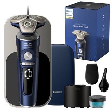 Philips NorelcoShaver Series 9000 Prestige Wet and Dry Electric Shaver Blue Lift  Cut Shaving System SkinIQ Technology Precision Trimmer Nose Trimmer Qi Charging Pad Cleaning Pod SP988689