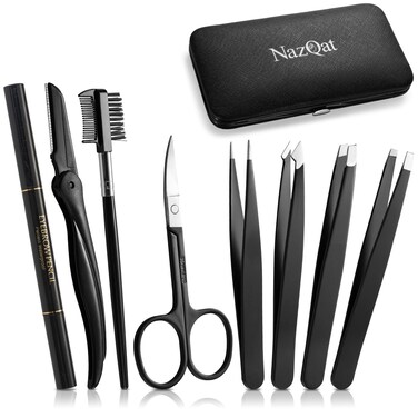 Exquisite Eyebrow Kit  8 in 1  Eyebrow Tweezer Kit 4 PCs  Eyebrow Shaping Kit  Multipurpose Eyebrow Grooming kit  Eyebrow Razor Eyebrow Brush and Comb Pencil Eyebrow Scissors in Padded Case