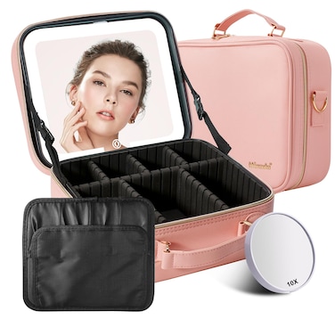 MocadoTravel Makeup Bag with LED Lighted Mirror Travel Makeup Organizer Makeup Case with 3 Color Lighted Setting and 10x Magnifying Mirror Portable Storage and Adjustable Dividers Makeup BoxPink