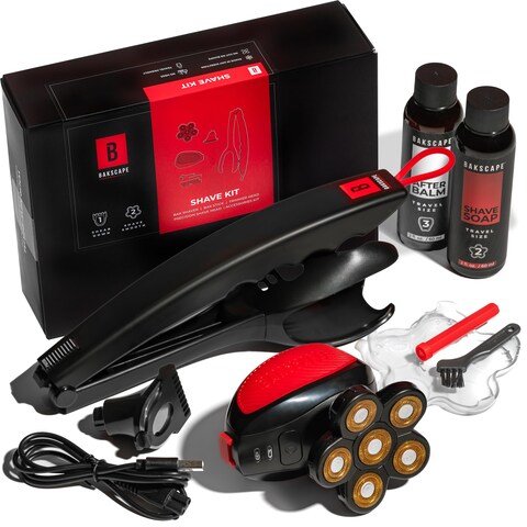 BakscapeMens Back Shaver Classic Kit 20 Electric Body  Back Shaver for Men with Friction Fit Handle  TitaniumCoated Shave Head Includes 2 Shave Heads Handle Shave Soap  After Balm