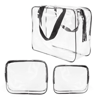 3Pcs Crystal Clear PVC Travel Toiletry Bag Kit for Women Men Waterproof Vinyl Organizer Makeup Bags with Zipper Handle Straps Cosmetic Bag Pouch Carry on Airport Airline Compliant Bag Handbag