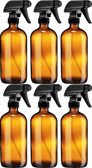 Sallys Organics Empty Amber Glass Spray Bottle  Large 16 oz Refillable Container for Essential Oils Cleaning Products or Aromatherapy  Black Trigger Sprayer wMist and Stream Settings  6 Pack