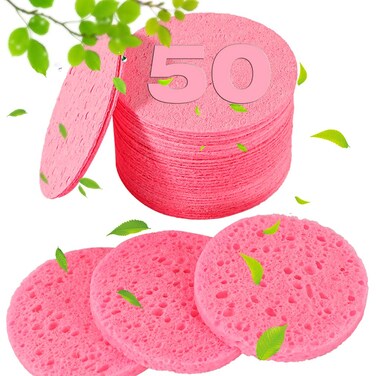 50Count Compressed Facial Sponges for Estheticians 100 Natural Cellulose Professional Cosmetic Spa Sponges for Face Cleansing Massage Pore Exfoliating Mask Makeup Removal Pink