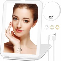 Makeup Mirror with 10X Magnifying Mirror Vanity Mirror with 80 LED Lights Rechargeable 2500mAh Batteries Travel LED Mirror with 3 Color Lights Compact Light Up Mirror Travel Essentials for Women
