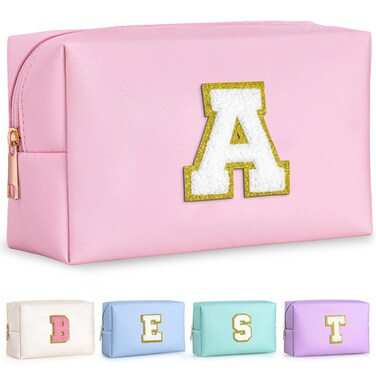 Preppy Makeup Bag Personalized Initial Bags with Zipper Cute Makeup Pouch PU Leather Waterproof Cosmetic Bag Birthday Gift For Daughter Preppy Things For Girls Letter A