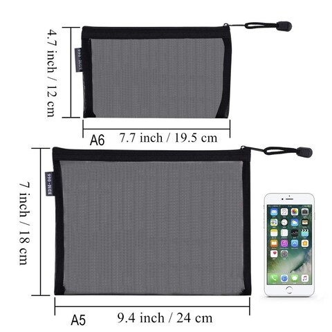 HRX PackageNylon Mesh Cosmetic Zipper Bags 6PCS Black Makeup Pouches Travel Organizer Case for Purse Diaper Bag A5 x 3pcs A6 x 3pcs