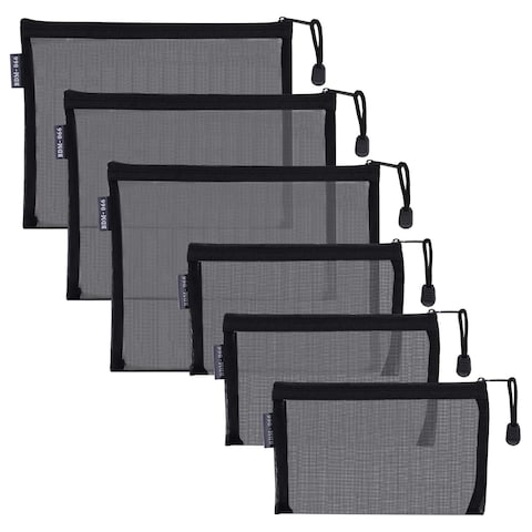 HRX PackageNylon Mesh Cosmetic Zipper Bags 6PCS Black Makeup Pouches Travel Organizer Case for Purse Diaper Bag A5 x 3pcs A6 x 3pcs