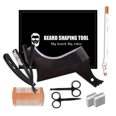 Beard Shaper Beard Shaping Tools Include Beard Template Guide Professional Straight Edge Razor 10 Count of Double Edge Blade Barber Pencil Beard Comb 2 Stainless Steel Scissors CUKBLESS