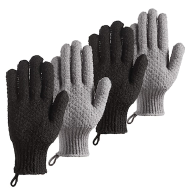 Bath Exfoliating Gloves Scrub  4 Pcs Lengthened and Large Exfoliating Scrubbing Gloves for Shower Spa Massage  Scrub Exfoliating Mitts for Body Face Hand and Foot Black and Gray