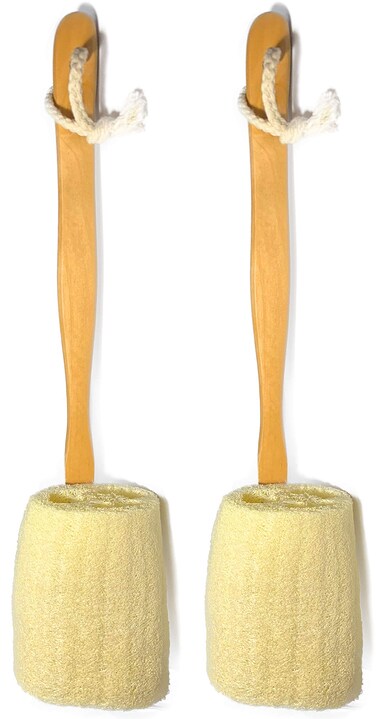 MrCuishop2 Pack Natural Exfoliating Loofah luffa loofa Bath Brush On a Stick  with Long Wooden Handle Back Brush for Men  Women  Shower Sponge Body Back Scrubber