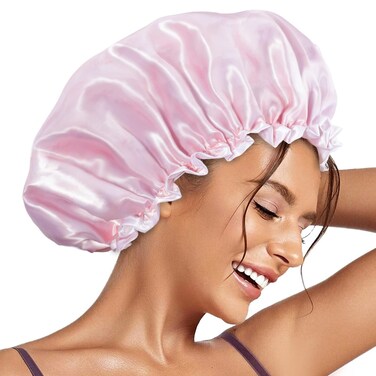 Aquior Shower Caps Reusable Shower Cap for Women Double Layer Waterproof Hair Cap Large Size for All Hair Lengthsfor Girls Spa Home Salon Use Pink Cloud