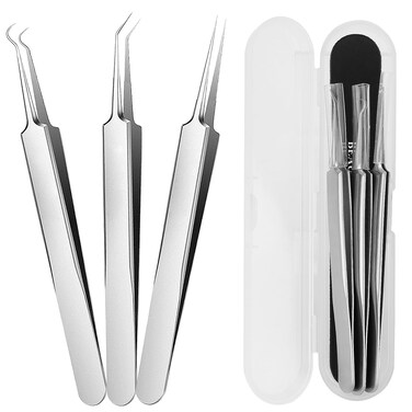 WSYUB Blackhead Tweezers Blackhead Extractor Pimple Popper Tool Kit 3 in 1 Professional Stainless Skin Zit Acne Blemish Whitehead Popping Removing Surgical Tools Set Silver