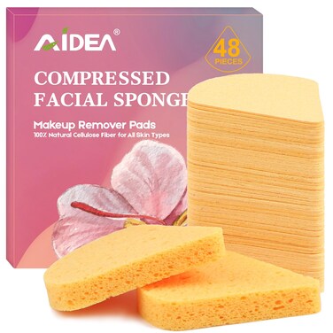 48Count Compressed Facial Sponges Disposable Face Sponges AIDEA Reusable Makeup Remover Pads Natural Cellulose Cosmetic Sponges for Facial Cleansing Exfoliating Travel Essentials for Women