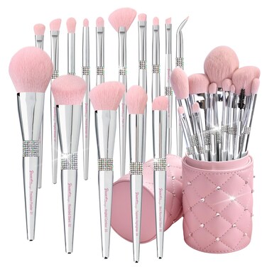 Bueart Design Elegant pink Ultra soft labeled Makeup Brushes Sets with Brush Holder makeup brush set with Foundation Powder blush blending contour Brush 15Pcs Silver PinkHolder