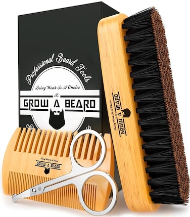 Beard Brush For Men  Beard Comb Set wMustache Scissors Grooming Kit Natural Boar Bristle Brush Dual Action Wood Comb And Travel Bag Great For Christmas Gift