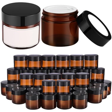 2 oz Small Glass Jars with Lids Bumobum 48 pack Round Amber Glass Candle Jars with Black Lids White Labels  Inner Liners Empty Cosmetic Containers for Cream Lotion Slime