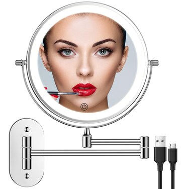Rechargeable Wall Mounted Lighted Makeup Vanity Mirror 8 Inch Double Sided 1X 10X Magnifying Bathroom Mirror 3 Color Lighting Touch Screen Dimming Extended Arm 360 Rotation Shaving Light up Mirror