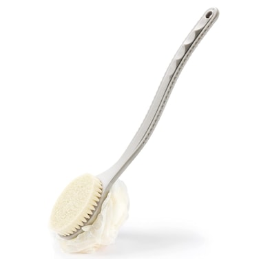 Shower Body Brush with Bristles and LoofahBack Scrubber Bath Mesh Sponge with Curved Long Handle for Skin Exfoliating Bath Massage Bristles Suitable for Wet or Dry Men and Women Grey