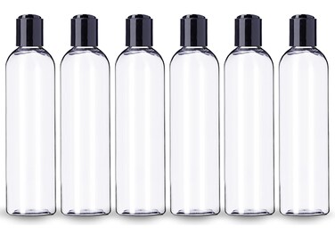 ljdeals 8 oz Clear Plastic Empty Bottles with Black Disc Top Caps Refillable Containers for Shampoo Lotions Cream and More Pack of 6 BPA Free Made in USA