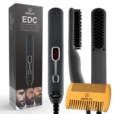 AberliteEDC  Premium Beard Straightener Brush  Professional Heated Straightening Comb and Grooming Kit for Men Gray
