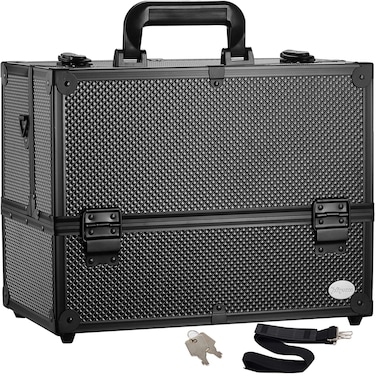 Joligrace Makeup Train Case Professional Adjustable  6 Trays Cosmetic Cases Makeup Storage Organizer Box with Lock and Compartments 14 Inch Large Black