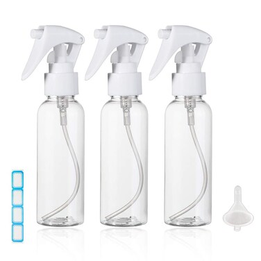 Travel Size Spray Bottle 34oz100ml Plastic Fine Mist Spray Bottle Set Refillable Liquid Containers 3pcs Clear Trigger Sprayer with Funnel and Labels for Styling Kitchen Home Office Cleaning