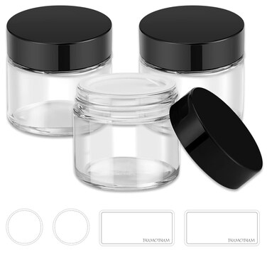 2 oz Glass Jars with Lids Bumobum 3 pack Clear Small Jar with Black Lids Blank Labels  Inner Liners 60 ml Empty Round Cosmetic Containers for Sample Powder Cream Lotion Spice