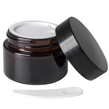 OverNews 1oz Amber Glass Jar Empty Cosmetic Lotion Containerswith Inner LinersBlack Lid Spatula