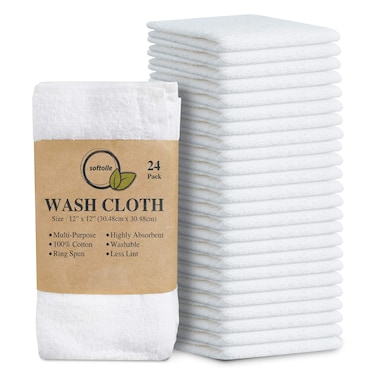 Softolle 100 Cotton Ring Spun Wash Cloths Pack of 24 12x12 Inches Bulk Pack of Washcloths  Wash Cloth for Face Highly Absorbent Soft and Face Towels White