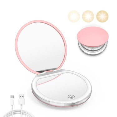 Compact Mirror with Light 1X3X Magnification LED Pocket Mirror with USB Data Cable Pink Mini Mirror for Purse PocketTravel and Present