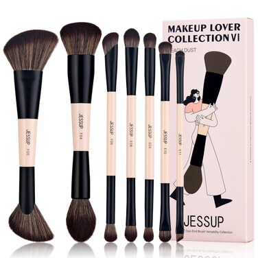 Jessup Makeup Brushes Set 7pcs Double Sided Makeup Brushes for Foundation Concealer Blush Eyeshadow Contour Bronzer Powder Blending Eyebrow Eyeliner CrueltyFree Make up Brushes Peach Dust T600