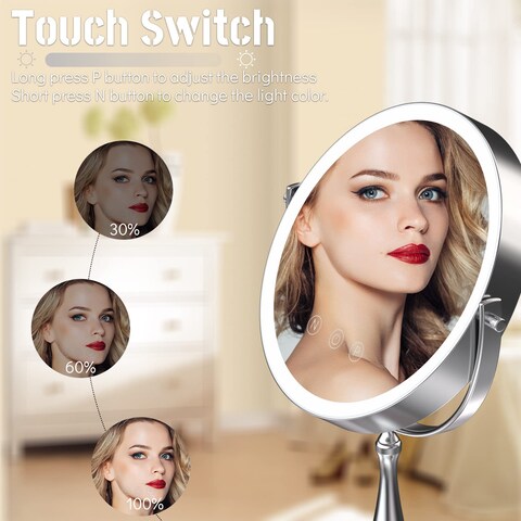 9 Large Lighted Makeup Mirror 1X10X Magnifying Vanity Mirror with 3 Colors Dimmable Lightning 80 LED Lights 360Rotation Double Sided Standing Desk Mirror