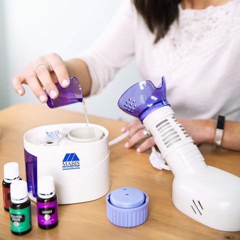 MABIS Facial Steamer Steam Inhaler FSA Eligible Vaporizer or Vocal Steamer with Aromatherapy Diffuser and Soft Face Mask for Cleansing Sinus Pressure Congestion Colds and Cough 25mL