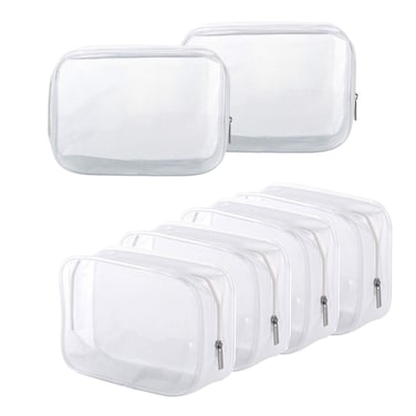6 Pack Clear Toiletry Carry Pouch with Zipper Portable Plastic Waterproof Cosmetic Bag TSA Approved for Vacation Travel Bathroom and Organizing White Small