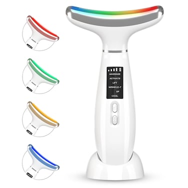 RedLightTherapyforFace and Neck AntiAging Facial and Neck Massager Soothing and Relaxing Face Massager Device with 4 Color LED Therapy Vibration and Thermal Functions for Skin Care White