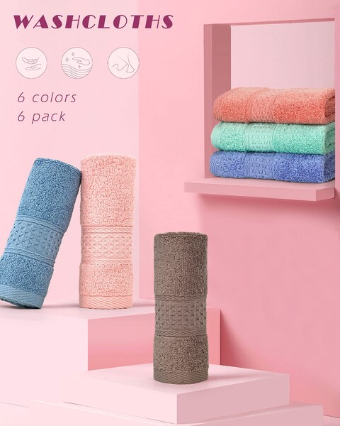 CleanbearFaceCloth Washcloths Set100 Cotton High Absorbent 6Pack 6 Colors Size13 x13deep Color