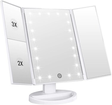 WEILY Makeup Vanity Mirror with 21 LED Lights and Touch Screen TriFold 1x 2X 3X Magnification180 Adjustable Rotation and USB PoweredCountertop Cosmetic Mirror White