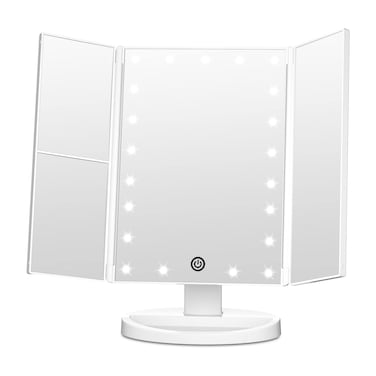 FASCINATE Trifold Vanity Mirror with Lights Lighted Makeup Mirror 2X3X Magnification 21 LED Touch Dimming Dual Power 180 Rotation Lit Beauty Table Mirror Make up Mirror with Lighting