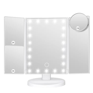 Makeup Mirror Vanity Mirror with Lights Bathroom Adjustable Brightness Mirrors 1X2X3X10X Magnification and Touch Screen Trifold Makeup Mirror Two Power Supply Modes Women Gift White