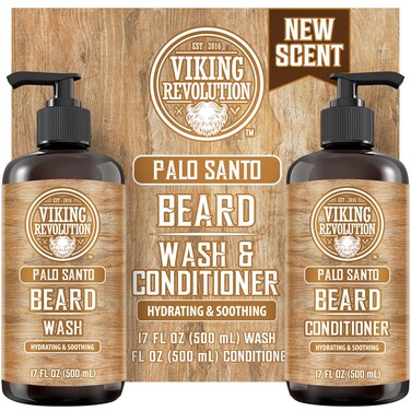 Viking RevolutionPalo Santo Beard Wash and Beard Conditioner Set with Argan and Jojoba Oils  Softens and Strengthens  Natural Palo Santo Scent  Beard Shampoo with Ginseng Root Extract 17 oz