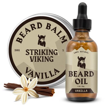 Striking VikingBeard Oil and Balm  Leave in Beard Conditioner  Tames Styles Softens and Moisturizes Beards and Mustache  Made with All Natural and Organic Argan and Jojobo Oils Vanilla