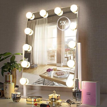 HIEEY Hollywood Vanity Mirror with 12 Dimmable Bulbs Lights Three Color Lighting Modes and 5X Magnification Smart Touch Control 360Rotation WhiteGift Box