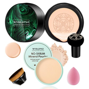 Mushroom Head Air Cushion CC Cream BB Cream Cushion Foundation Set Moisturizing Full Coverage Foundation Concealer Lasting Foundation Makeup Even Skin Tone Makeup Base Primer4 Pcs